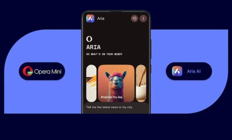 Opera Mini's new Aria AI feature shown on a phone screen, offering options like brightening your day or getting local news.