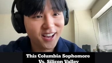 Close-up of a smiling young man wearing headphones. Text overlay: 'This Columbia Sophomore Vs. Silicon Valley'