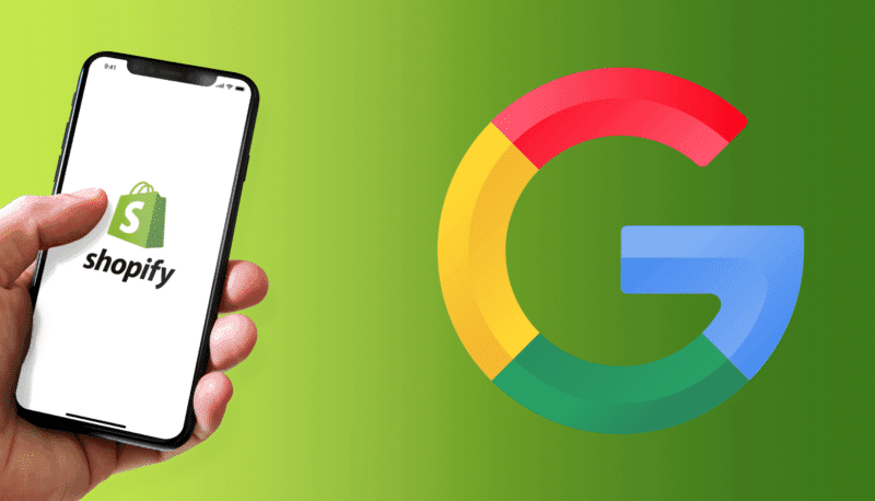 Smartphone displaying the Shopify app alongside a Google logo on a green background, showcasing seamless e-commerce integration.