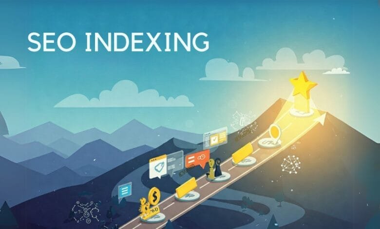 Isometric illustration: a road climbs a mountain, symbolizing SEO indexing. Steps represent SEO tasks, leading to a star at the peak.