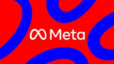 Meta logo in white with an infinity symbol, set against a bold red background overlaid with abstract blue shapes.