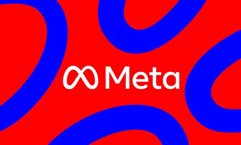 Meta logo in white with an infinity symbol, set against a bold red background overlaid with abstract blue shapes.