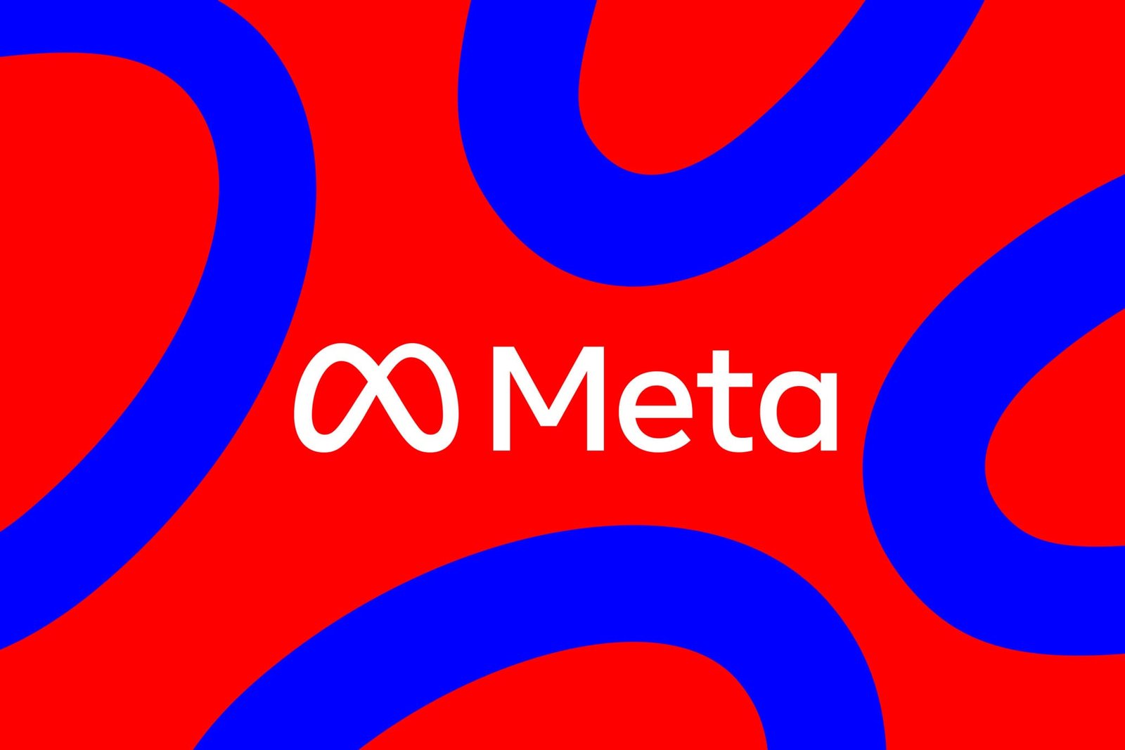 Meta logo in white with an infinity symbol, set against a bold red background overlaid with abstract blue shapes.