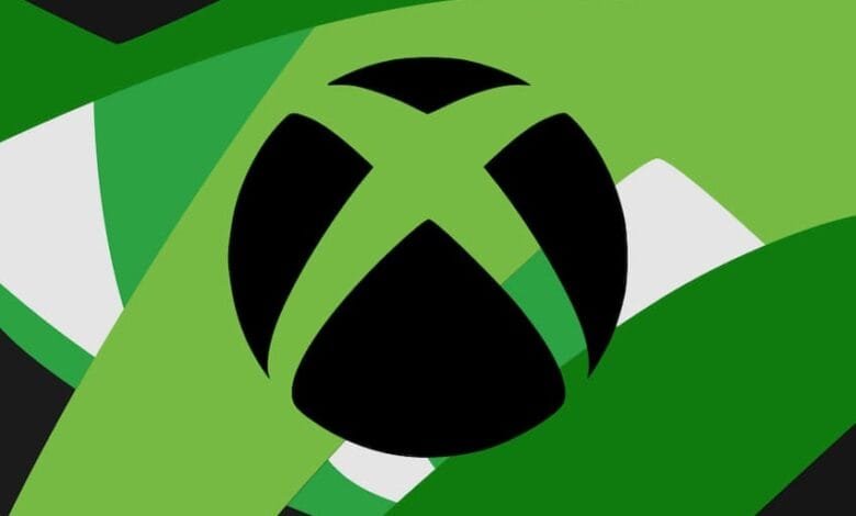 Xbox logo in black, centered on an abstract background of green and white shapes.
