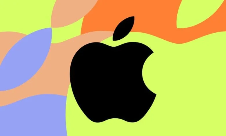 Black Apple logo on a vibrant background of pastel orange, green, and blue abstract shapes.