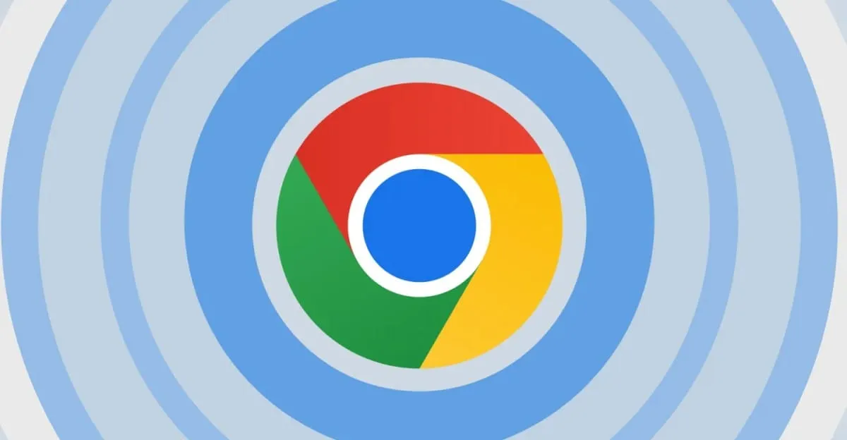 Google Chrome logo in the center of concentric blue circles, creating a calming, technological aesthetic.