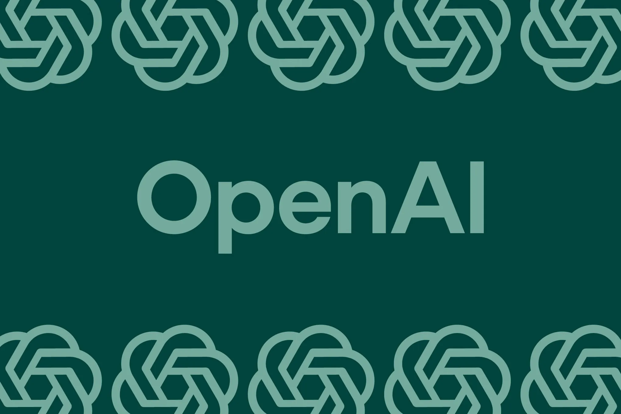 OpenAI logo in teal on a dark teal green background with a geometric floral border.