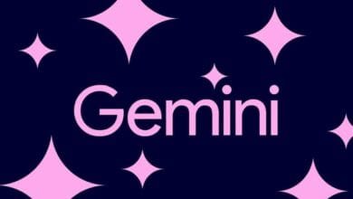 Google Gemini logo: Pink 'Gemini' text on a dark blue background with pink star accents.