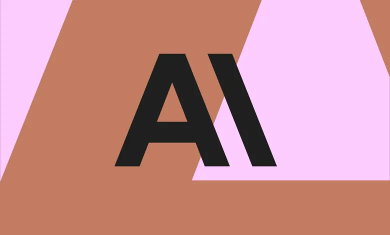 Abstract graphic design featuring bold black 'AI' letters on a terracotta and light pink background.