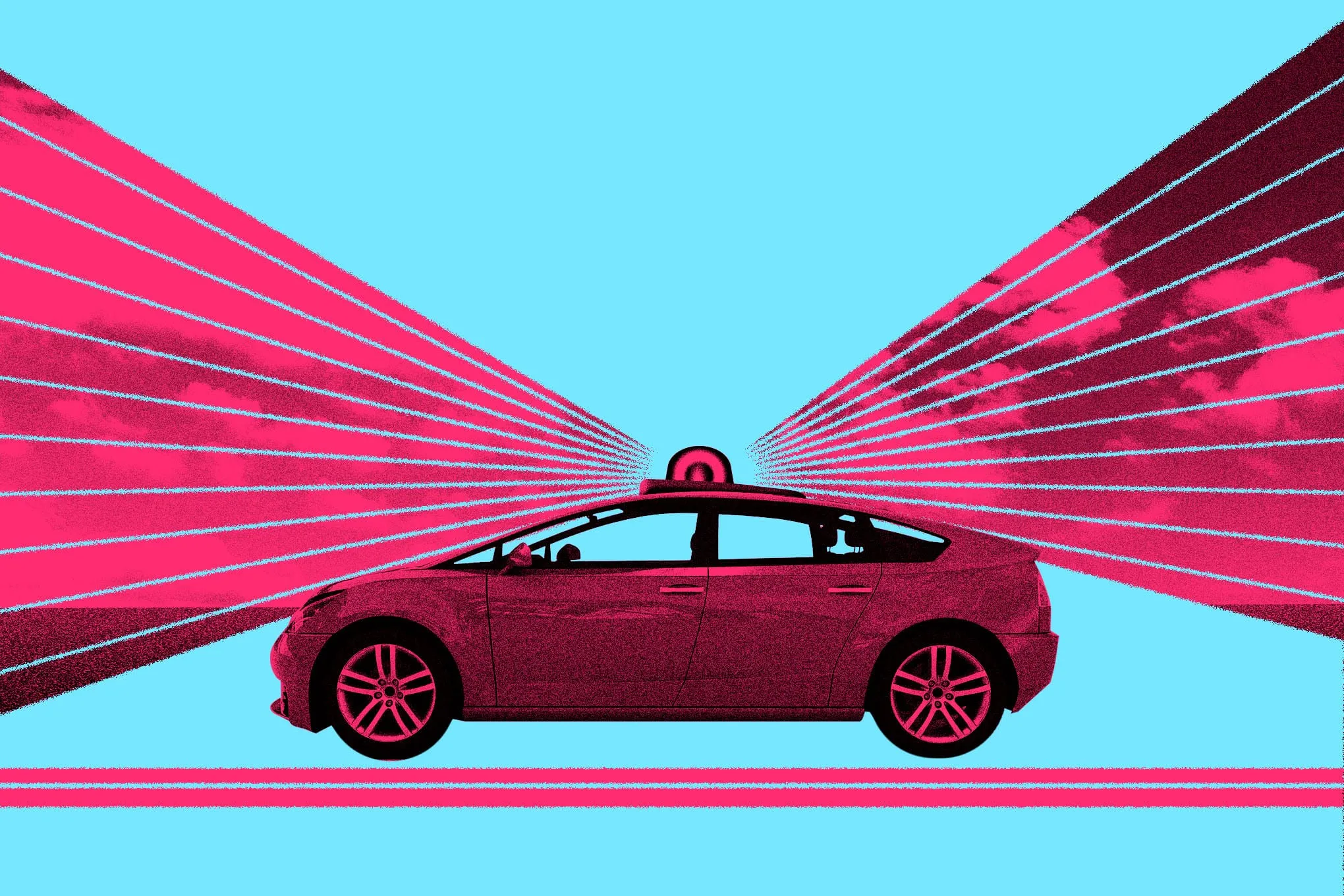 Stylized illustration of a self-driving car on a light blue background, with pink rays emanating from it, suggesting speed and technology.