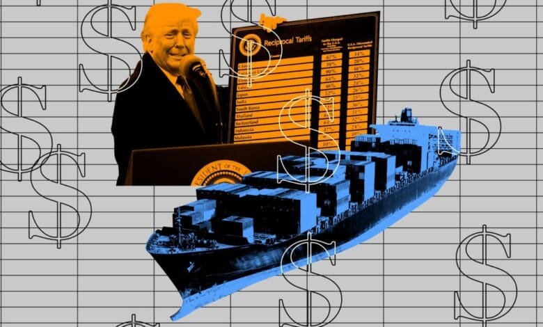 Stylized graphic: President Trump, a cargo ship, and a reciprocal tariff chart overlaid on dollar signs, illustrating trade policy impact.