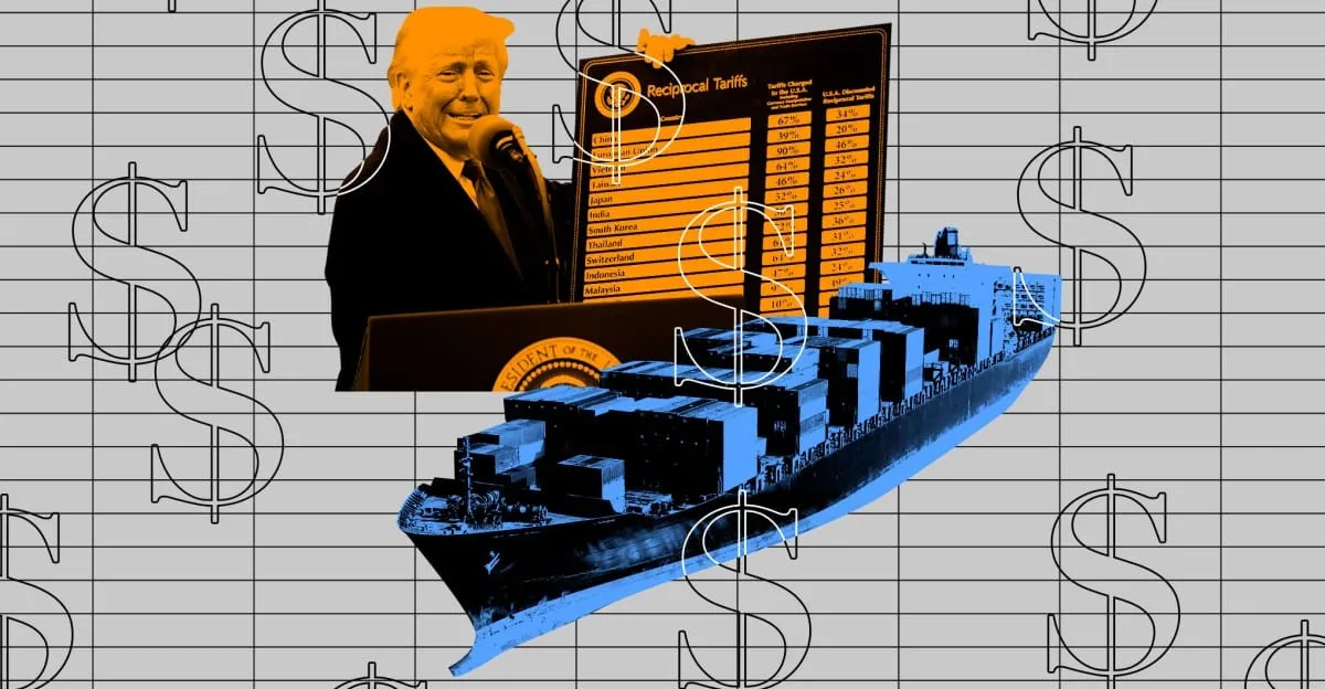 Stylized graphic: President Trump, a cargo ship, and a reciprocal tariff chart overlaid on dollar signs, illustrating trade policy impact.