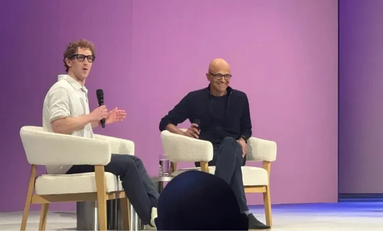 Satya Nadella and Mark Mark Zuckerberg on stage of Llama Conf 2025