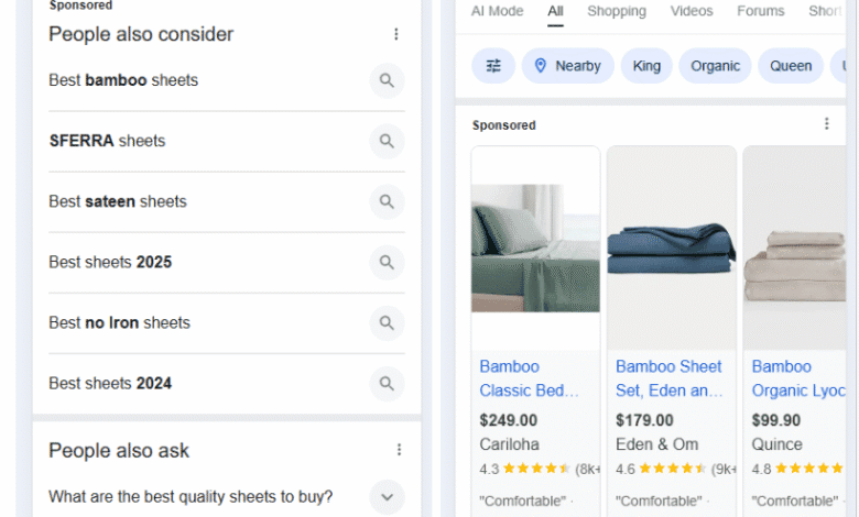 Google search results for "best bamboo sheets," showing sponsored ads for various brands and frequently asked questions about sheet types.