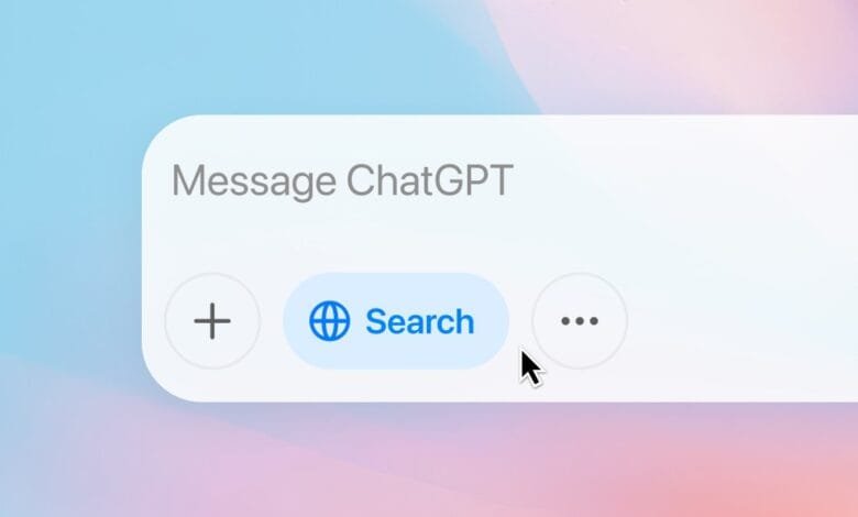 ChatGPT interface: Search button with globe icon, plus button, and three-dot menu. Pale blue and pink gradient background.