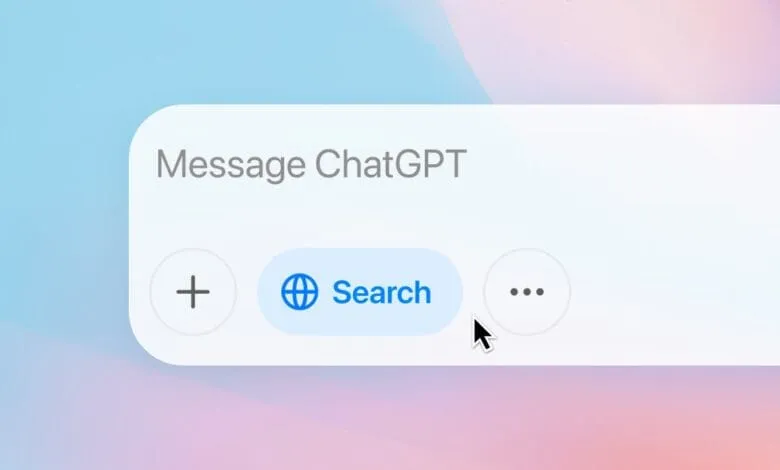 ChatGPT interface: Search button with globe icon, plus button, and three-dot menu. Pale blue and pink gradient background.