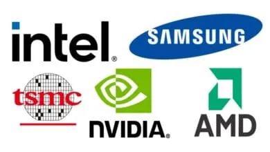 Logos of Intel, Samsung, TSMC, Nvidia, and AMD, major semiconductor companies.