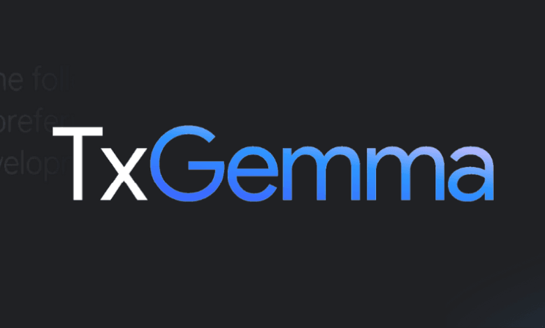 TxGemma logo with drug molecule diagrams and a selection interface; a pharmaceutical drug development platform.