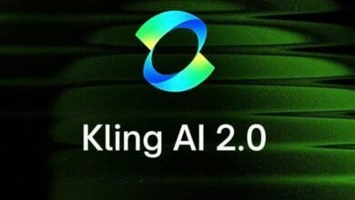Kling AI 2.0 logo: teal and green infinity symbol on dark green background.