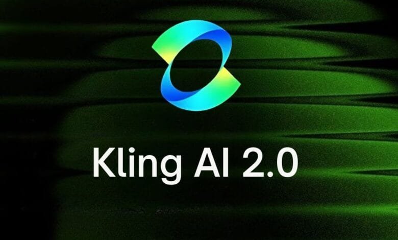 Kling AI 2.0 logo: teal and green infinity symbol on dark green background.