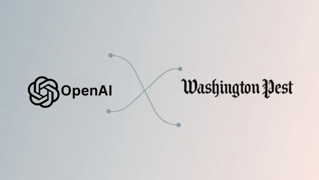 OpenAI and The Washington Post logos are linked by curved lines, symbolizing a collaboration.