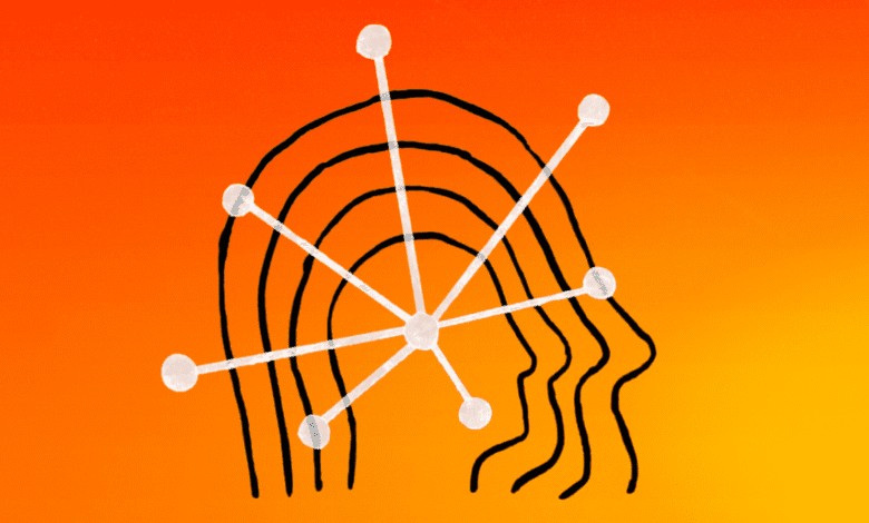 Abstract graphic of a head profile with radiating lines and nodes, set against an orange gradient background.