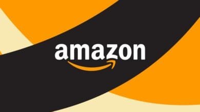 Amazon logo in white on black, against an orange and cream curved background.
