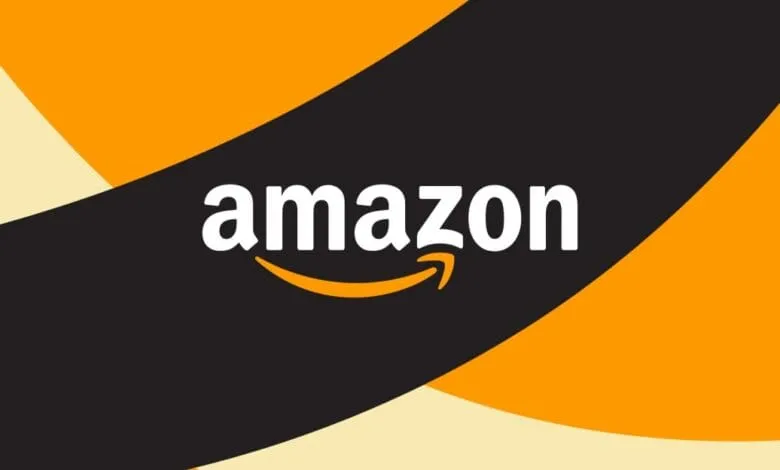 Amazon logo in white on black, against an orange and cream curved background.