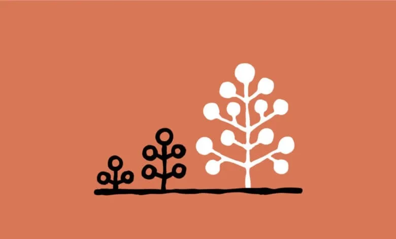 Three stylized trees of increasing size, black and white on a burnt orange background, illustrating growth or progress.