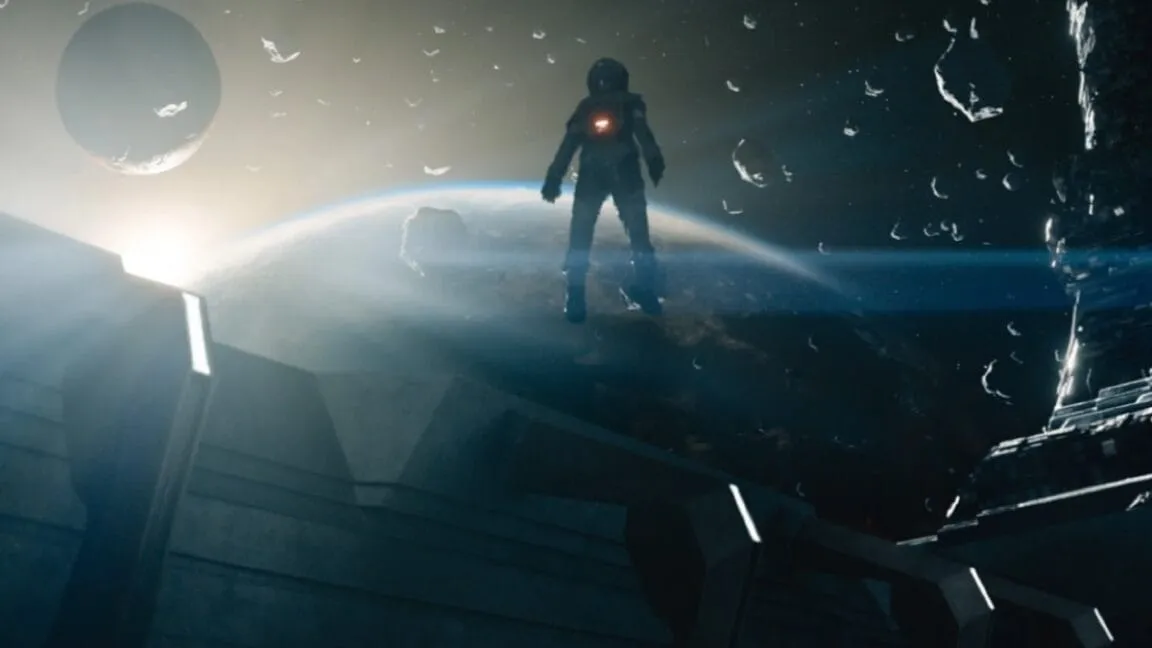 A lone astronaut stands on a space station overlooking Earth and a distant moon, debris floating in space around them.