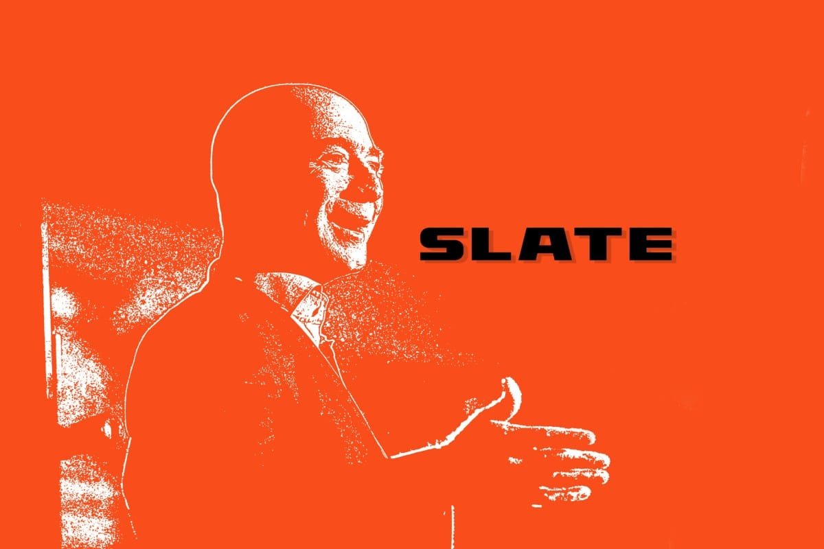Stylized portrait of Jeff Bezos, smiling, against a bright orange background with the word 'SLATE' overlaid.