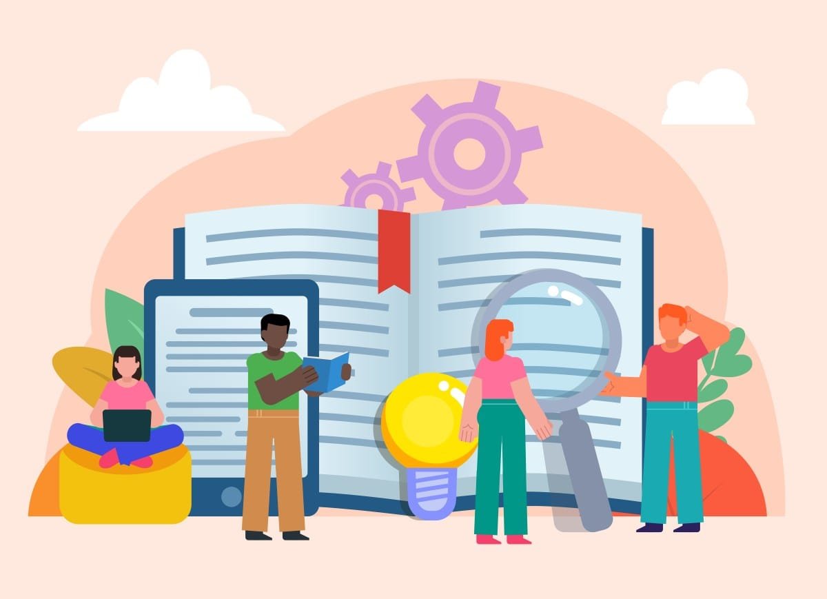 Diverse group studies with open book, laptop, tablet, and magnifying glass; bright, playful illustration.