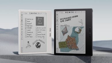 Two Boox Note Air e-readers display hand-drawn notes and sketches. One shows a travel itinerary; the other depicts seashells and a coastline.