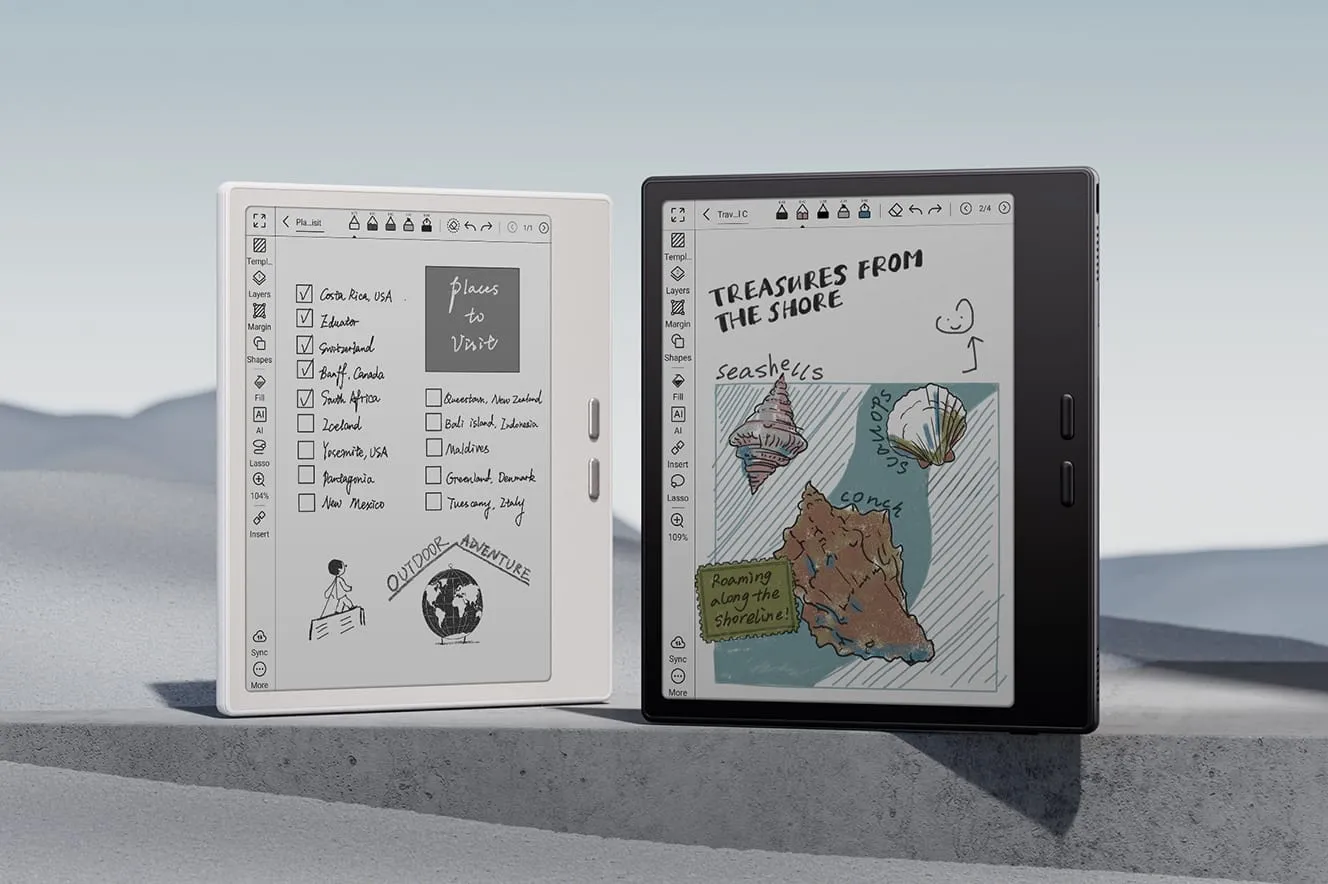 Two Boox Note Air e-readers display hand-drawn notes and sketches. One shows a travel itinerary; the other depicts seashells and a coastline.