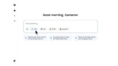 A clean, modern AI interface greets 'Cameron' and offers options to Find, Ask, Write, and Organize tasks.
