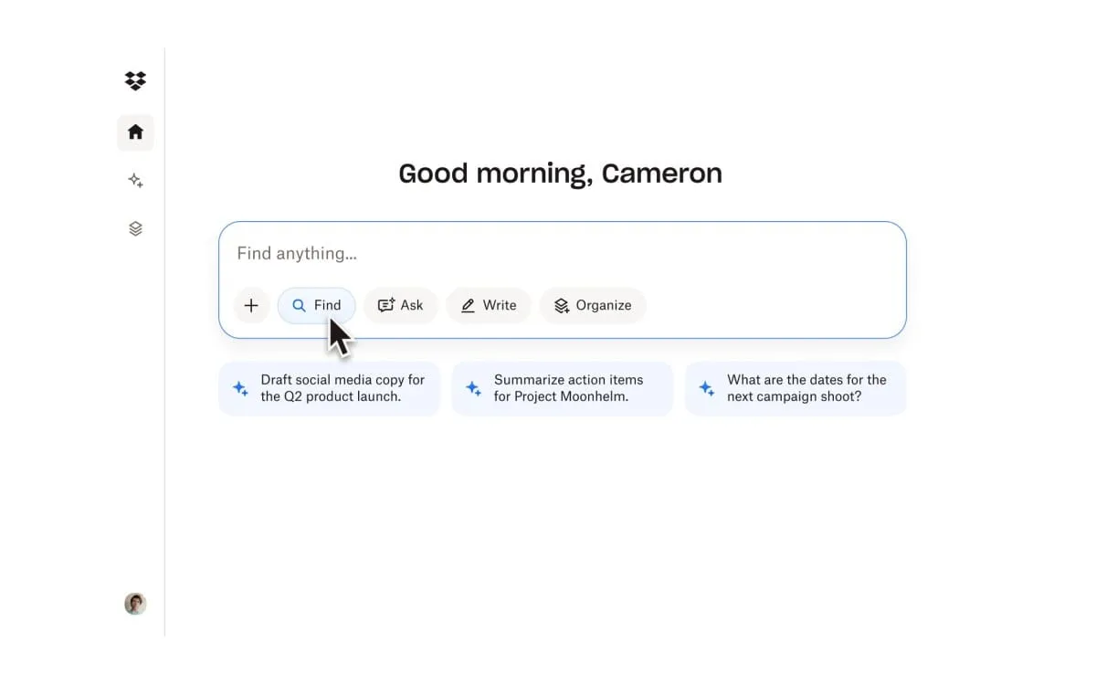 A clean, modern AI interface greets 'Cameron' and offers options to Find, Ask, Write, and Organize tasks.