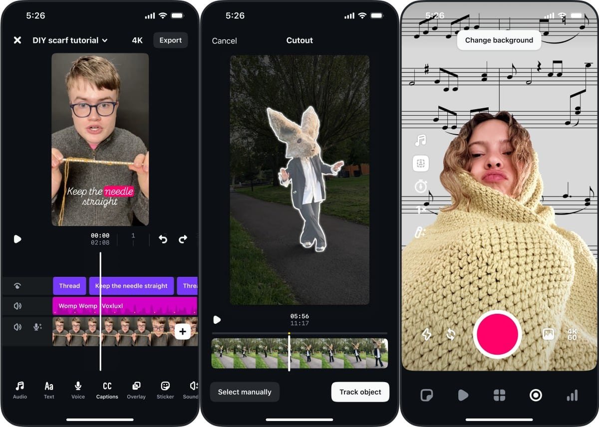 Three iPhone screens show video editing in progress: a DIY scarf tutorial, a person in a rabbit costume, and a person wrapped in a crocheted blanket.