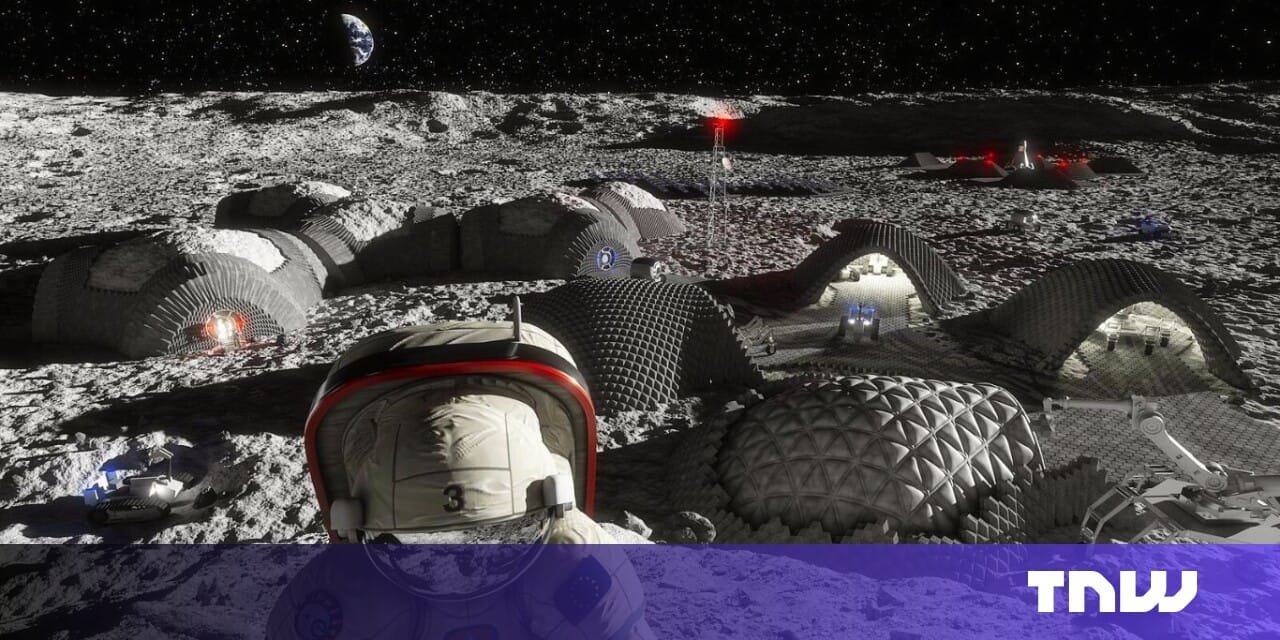 Astronaut views lunar habitat; futuristic moon base with dome structures and rovers.
