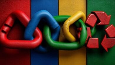 Interlocking chain links in red, blue, yellow, and green, with a red recycling symbol, against a similarly colored background.