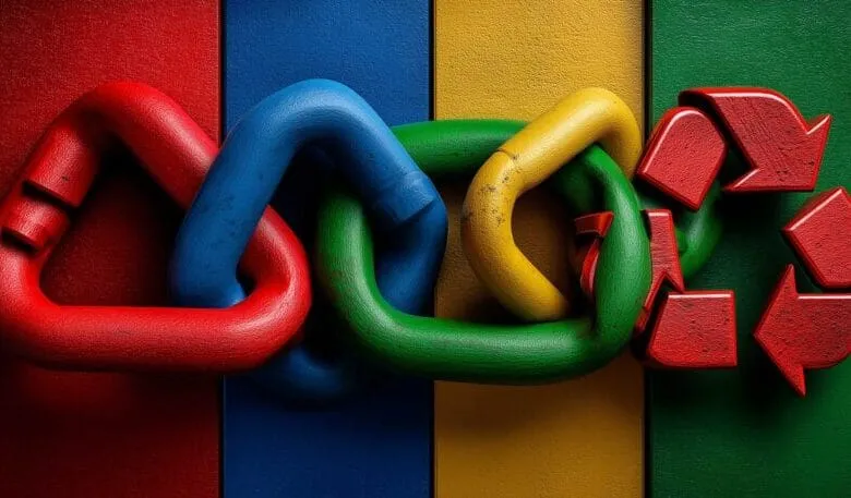 Interlocking chain links in red, blue, yellow, and green, with a red recycling symbol, against a similarly colored background.