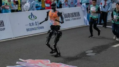 A Humanoid robot called Tiangong crosses the finish line in the Beijing E-Town Humanoid Robot Half Marathon.