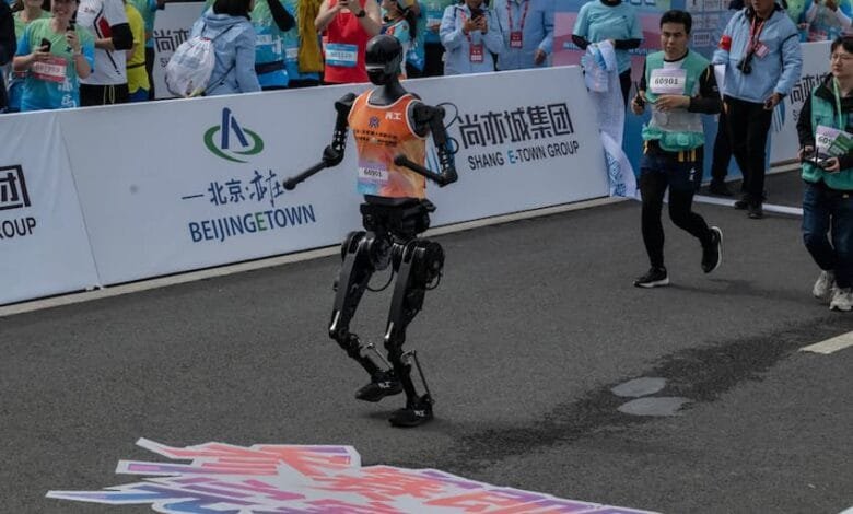 A Humanoid robot called Tiangong crosses the finish line in the Beijing E-Town Humanoid Robot Half Marathon.