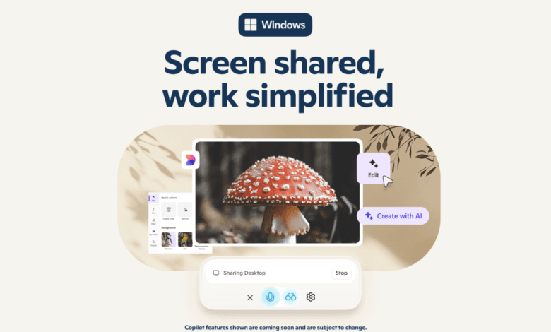 Windows Copilot simplifies screen sharing and offers AI-powered image editing, shown editing a mushroom photo.