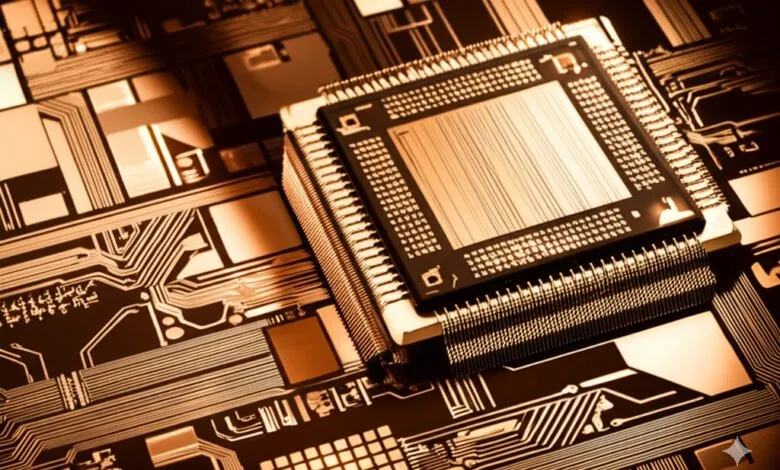Close-up of a semiconductor chip's intricate circuitry, showcasing warm golden-brown tones on a circuit board.