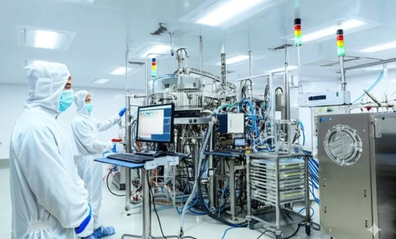Two scientists in sterile suits monitor complex semiconductor manufacturing equipment in a pristine lab.