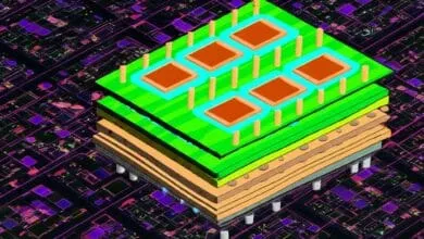 Cross-section of a layered semiconductor chip, showcasing internal components and connections on a vibrant circuit board.