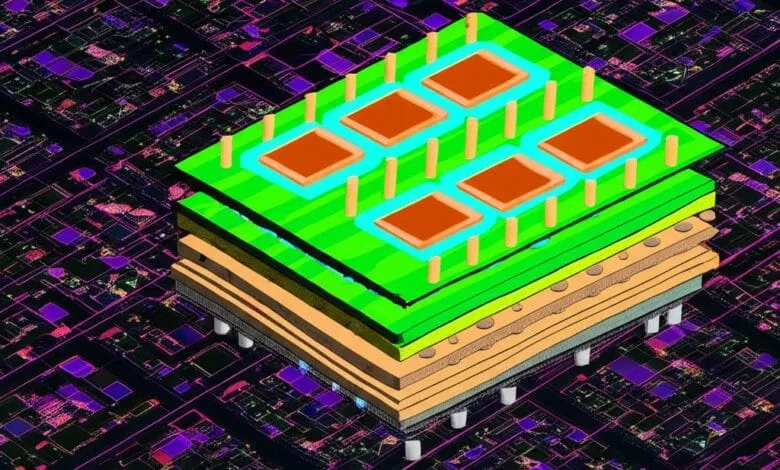 Cross-section of a layered semiconductor chip, showcasing internal components and connections on a vibrant circuit board.