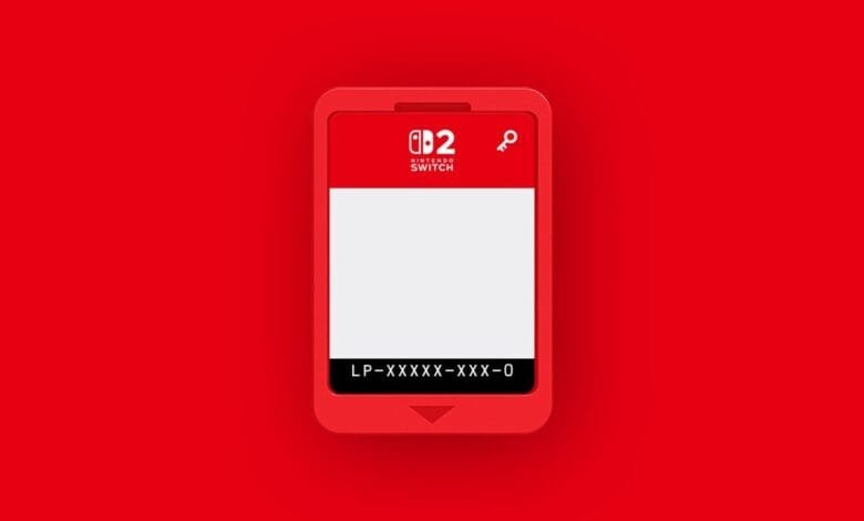 Red Nintendo Switch game key card with a key icon and product code LP-XXXX-XXXX-0.