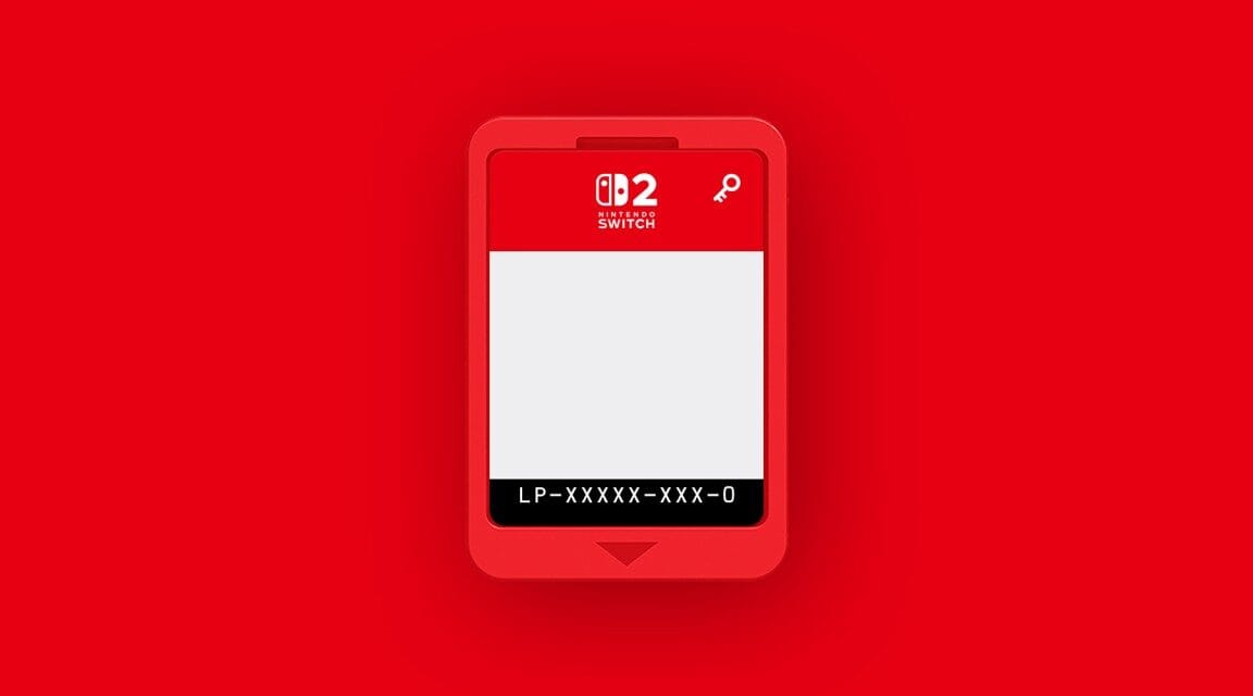 Red Nintendo Switch game key card with a key icon and product code LP-XXXX-XXXX-0.