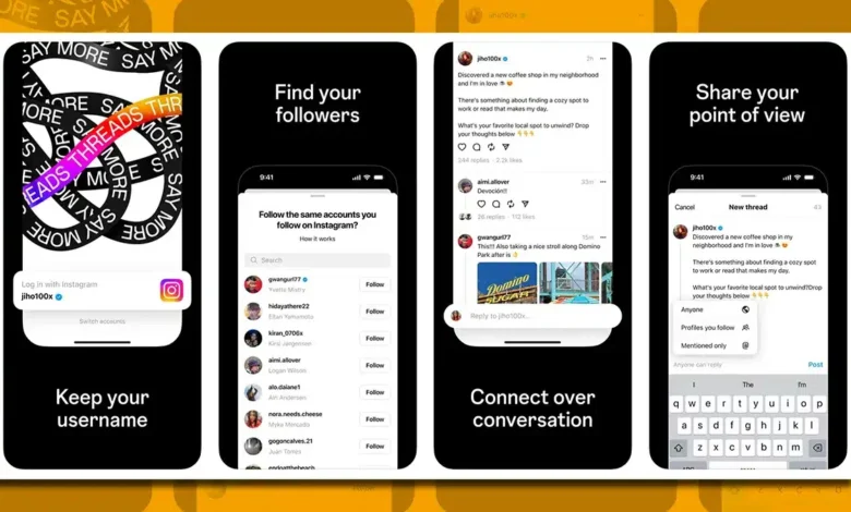 Screenshots of the Threads app show features like importing Instagram followers, creating text posts, and engaging in conversations. The app uses a dark theme with orange accents.